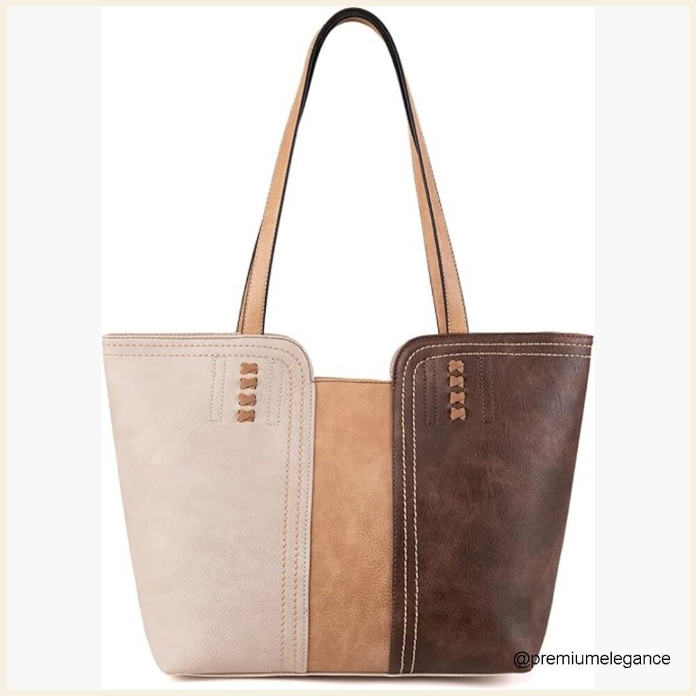 Large Vegan Leather Satchel Tote with Top Handle and Zipper Closure